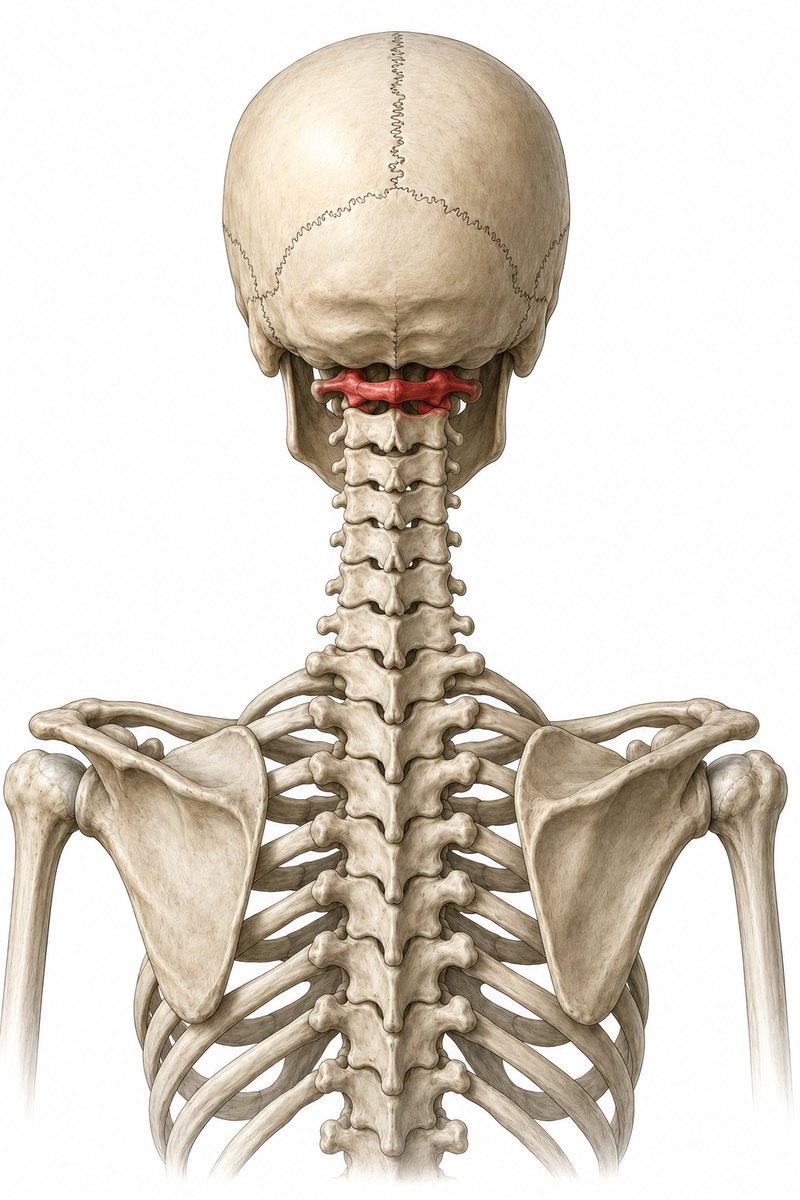 Anatomische Darstellung: der Atlas (erster Halswirbel C1), rot hervorgehoben am Übergang von Schädel zur Halswirbelsäule